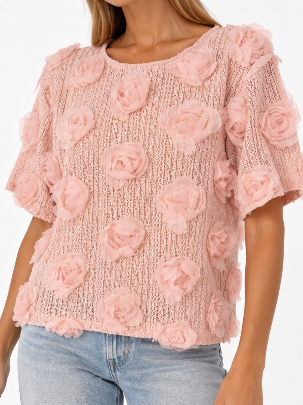 Elli White Pink Floral Rosette Appliqué Short Sleeve Top